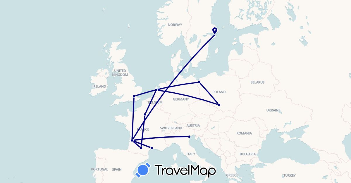 TravelMap itinerary: driving in France, United Kingdom, Italy, Netherlands, Poland, Sweden (Europe)